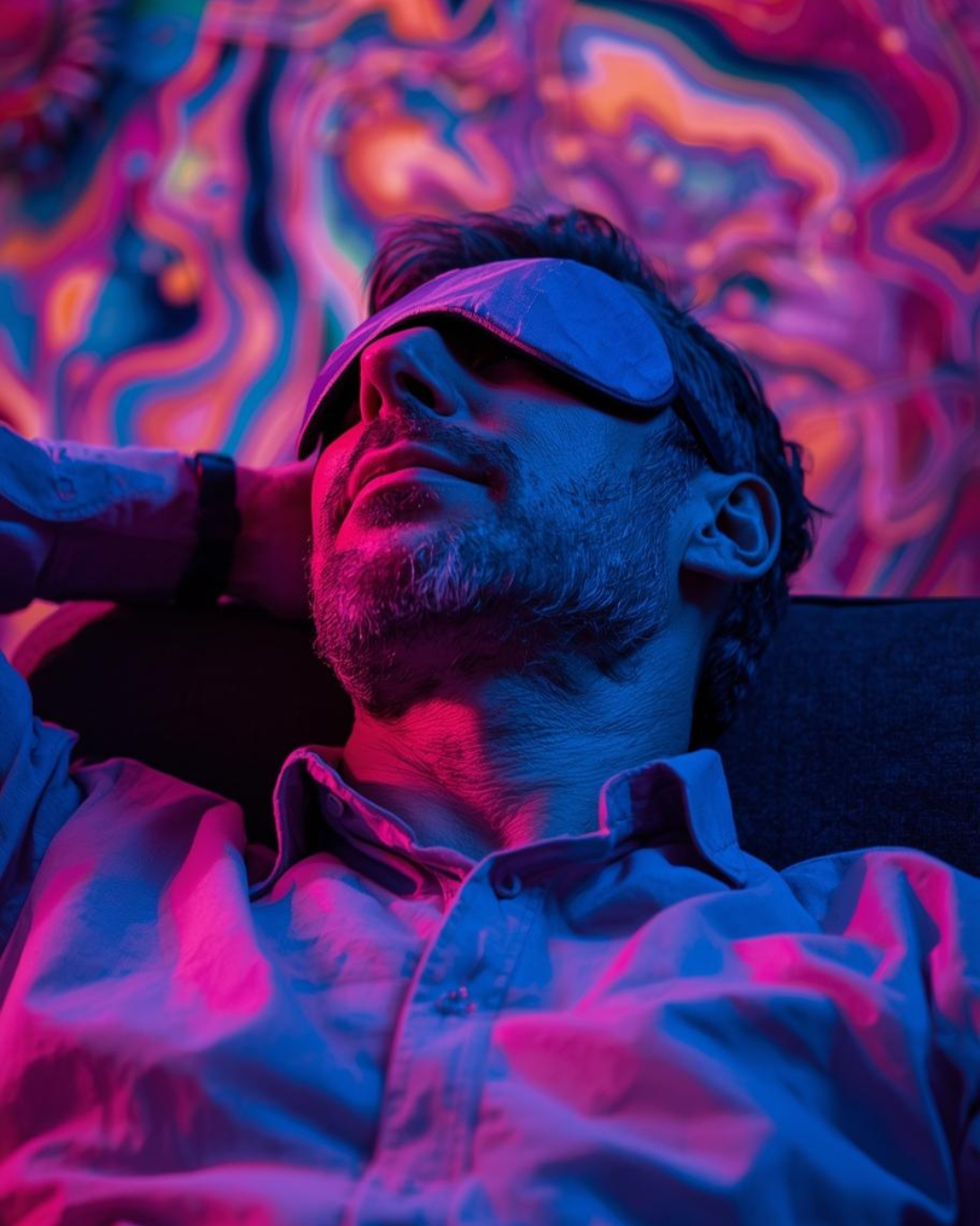 a man reclining with a sleeping mask on in a psychedelic background suggesting ketamine assisted therapy.