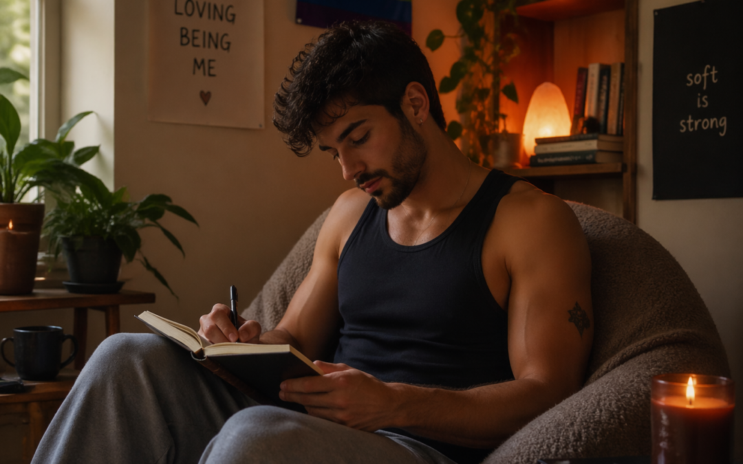 A man sits in a cozy, softly lit room journaling in a notebook while wrapped in a blanket. A rainbow pride flag hangs on the wall behind him, alongside affirming posters reading “Growing Healing Loving Being Me” and “Soft is Strong.” Plants, candles, and warm lighting create a calm, reflective atmosphere.
